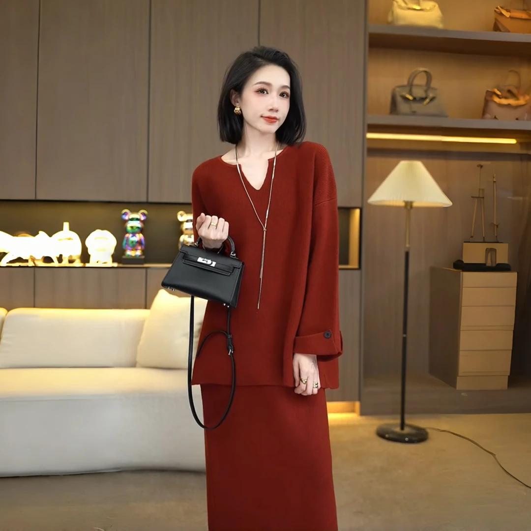 欧颍昇秋冬女一整套松弛感气质显瘦针织上衣半身裙两件套裙装7050