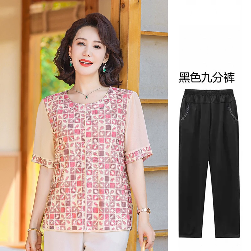 妈妈装夏季新款冰丝格子短袖T恤中老年女装宽松夏款弹力套头小衫