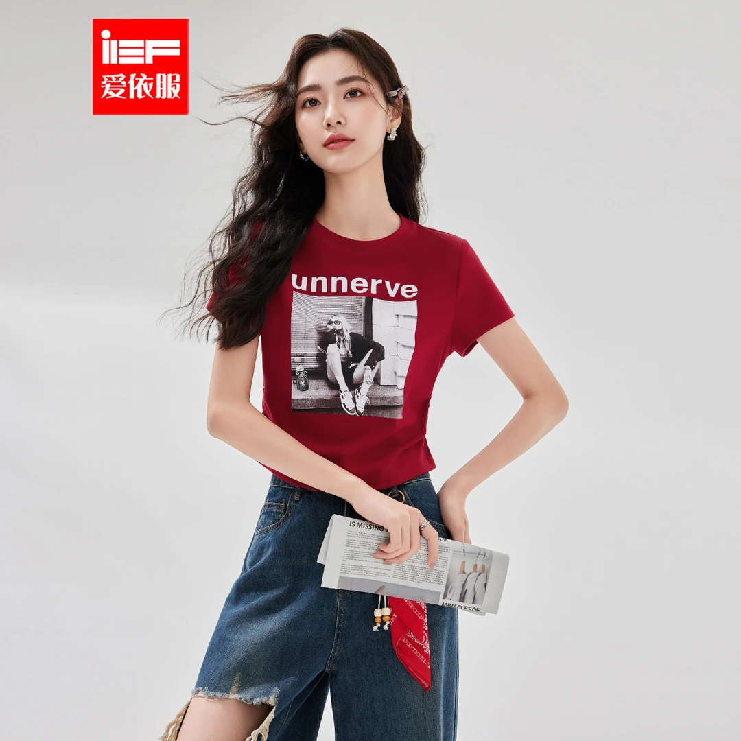 IEF/爱依服短袖上衣2025夏季新款美式休闲通勤气质正肩百搭T恤女