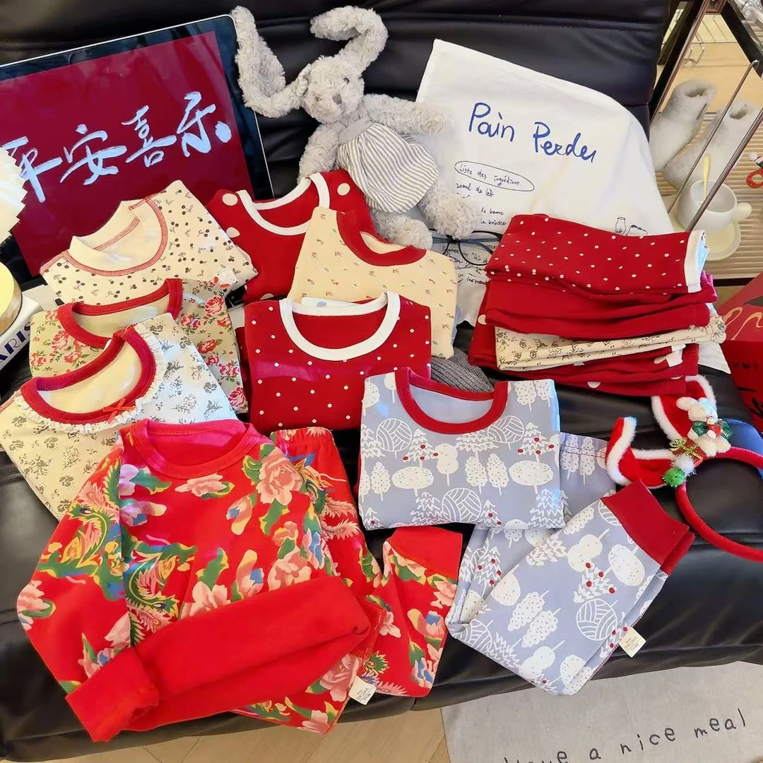 【320g】宝宝拜年服儿童纯棉长袖无骨保暖家居服套装亲子装新年战袍