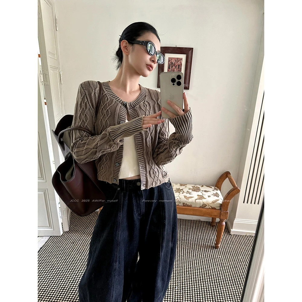 JCCC影子【麦穗摇】卡其色麻花做旧破洞设计针织开衫毛衣JE5BZS13