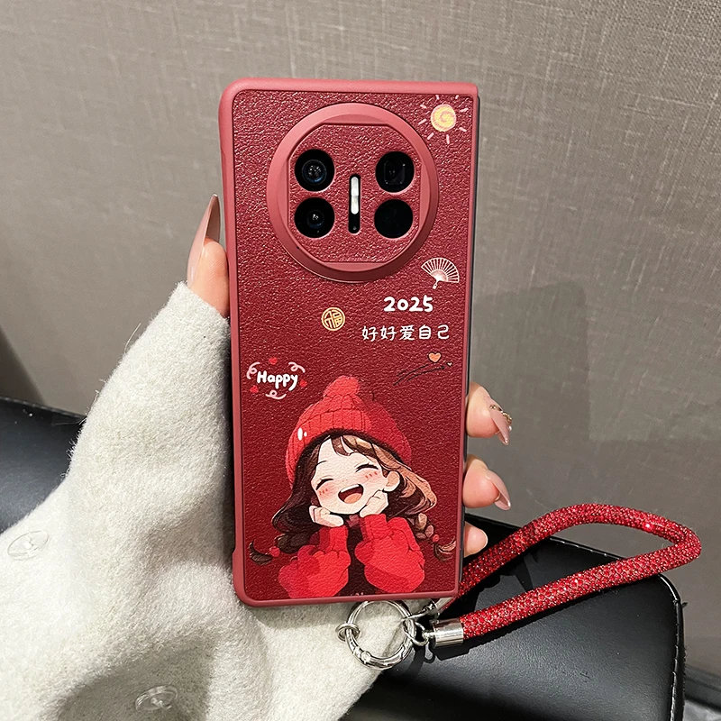 适用华为MateX5手机壳新年款2025女孩红边小羊皮MateX3高档保护壳