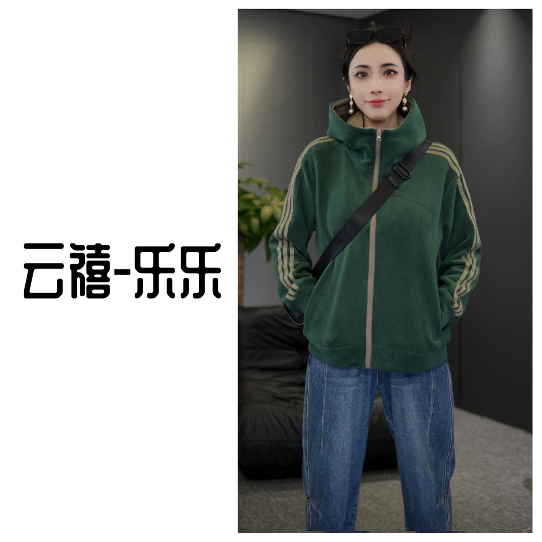 云禧-2025新款连帽拼接奥粒绒秋季开衫宽松加绒外套