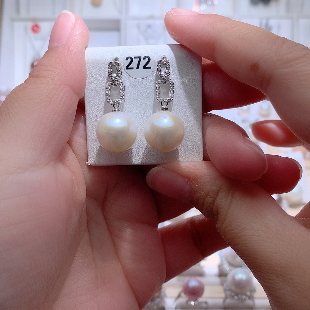 淡水珍珠银S925镶嵌耳饰CC12.9mm