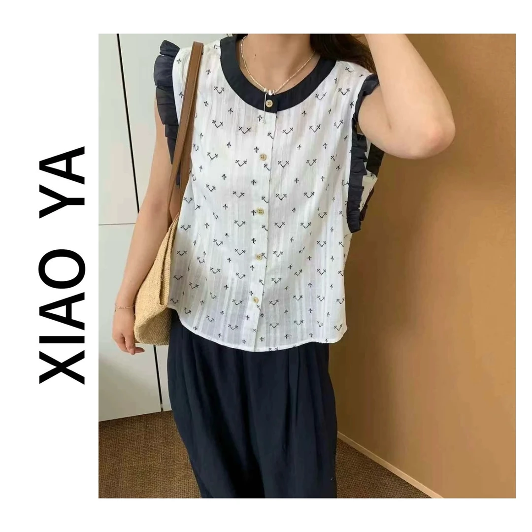 6100夏季新款韩版圆领烫印工艺拼接花边无袖显瘦百搭上衣