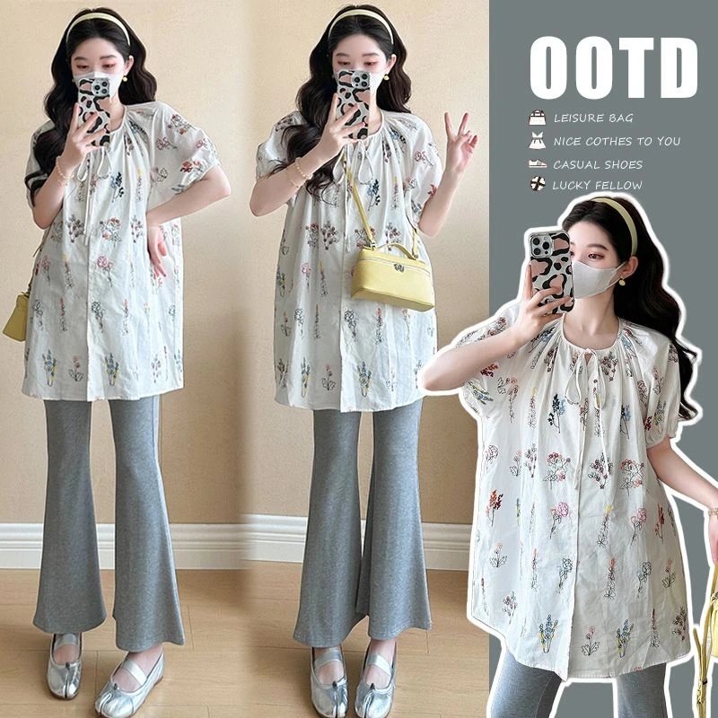 孕妇装夏季新款宽松遮肉圆领碎花衬衫时尚休闲减龄显瘦中长款上衣