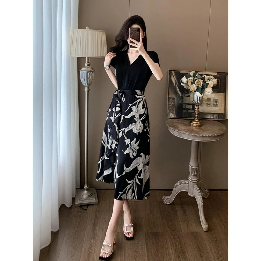 2025夏季新款拼接假两件法式连衣裙女高级感气质名媛端庄高腰裙子