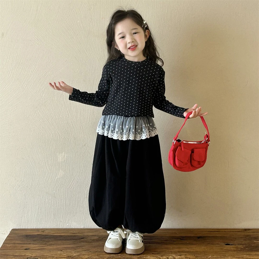 女童春秋套装2025新款韩版洋气儿童波点长袖屁帘灯笼裤时髦两件套