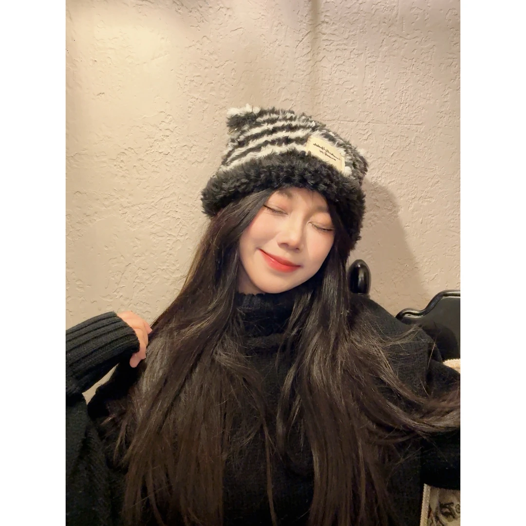 冬季复古条纹编制毛绒柔软渔夫帽女保暖显脸小百搭时尚潮流帽