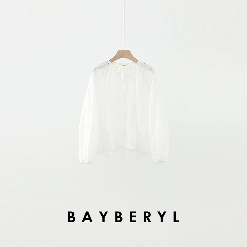 BAYBERY老贝庄园诗*法式白色系带镂空度假25春衬衫NCY5A1601