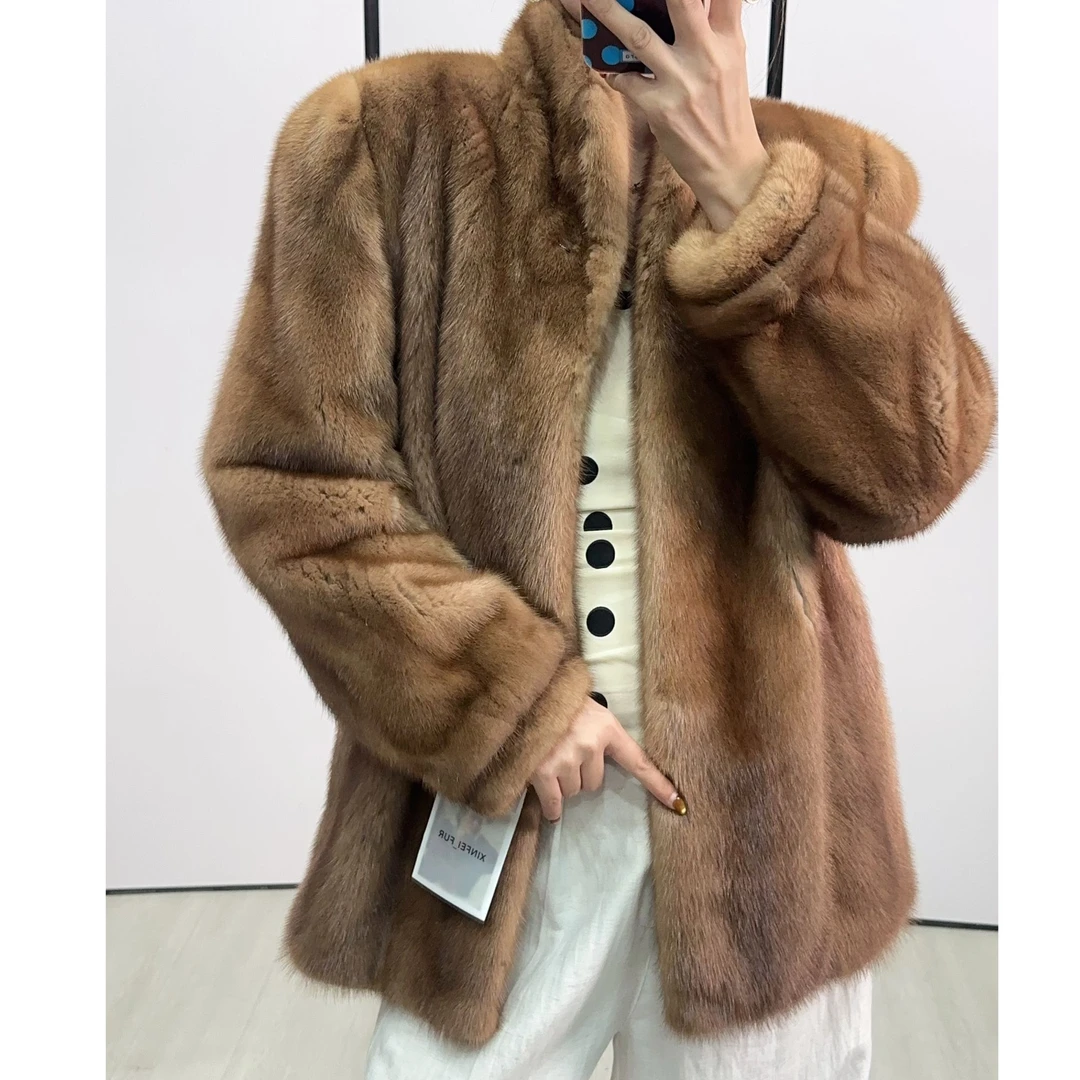H36，XL，蜜棕色立领收口袖水貂外套