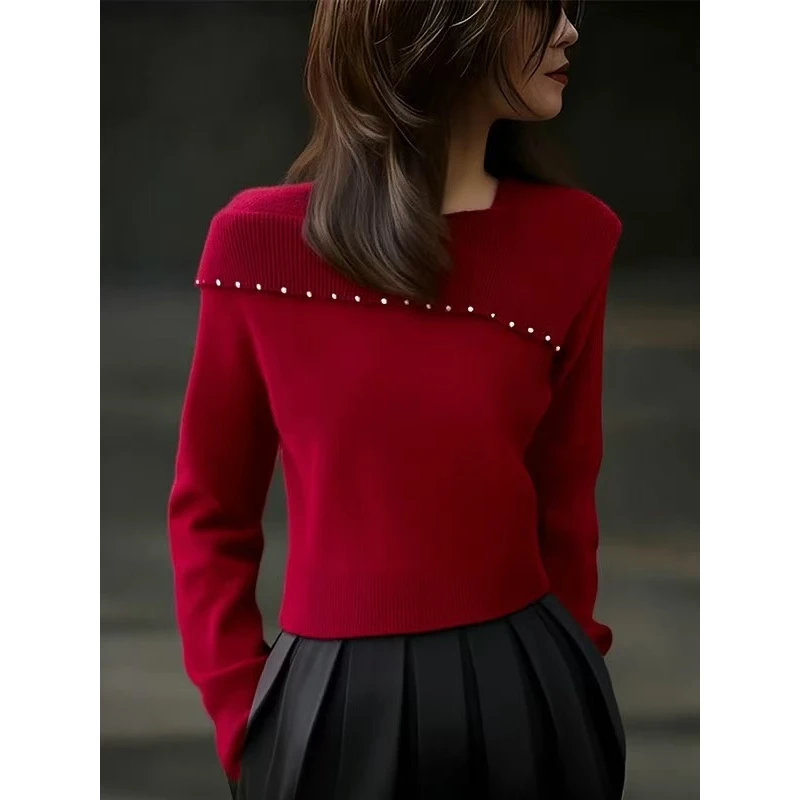 红色一字肩套头针织衫女秋冬新款高级感时尚洋气减龄百搭打底上衣