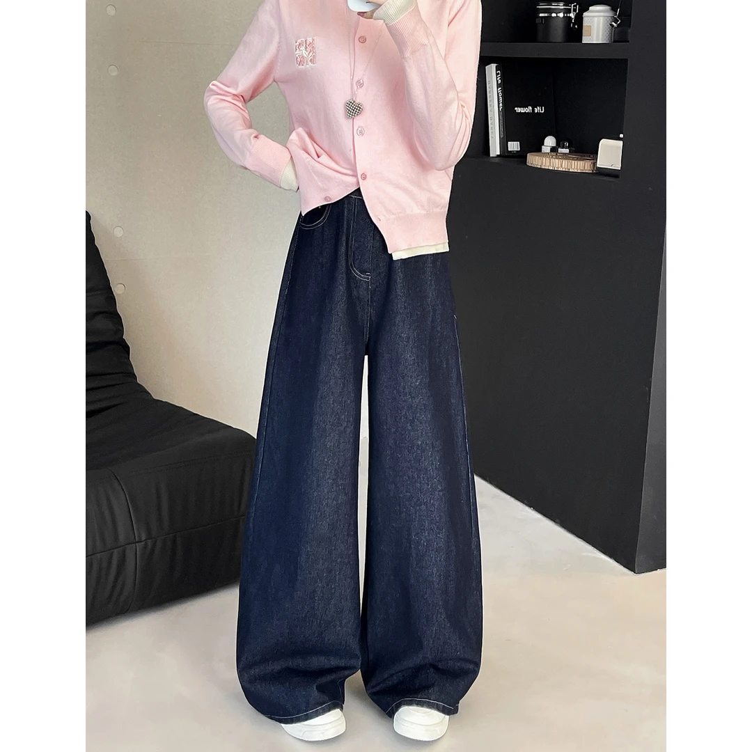 美式复古丹宁蓝弯刀阔腿牛仔裤女秋季2025新款高腰宽松直筒长裤子