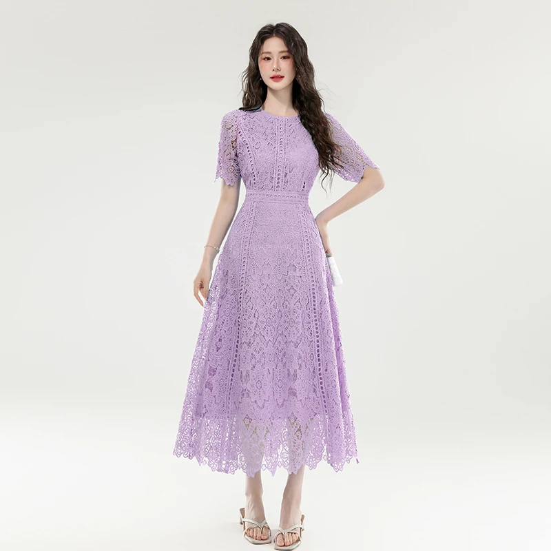 夏季2025新款蕾丝拼接高级感修身连衣裙法式小香风气质优雅长裙子