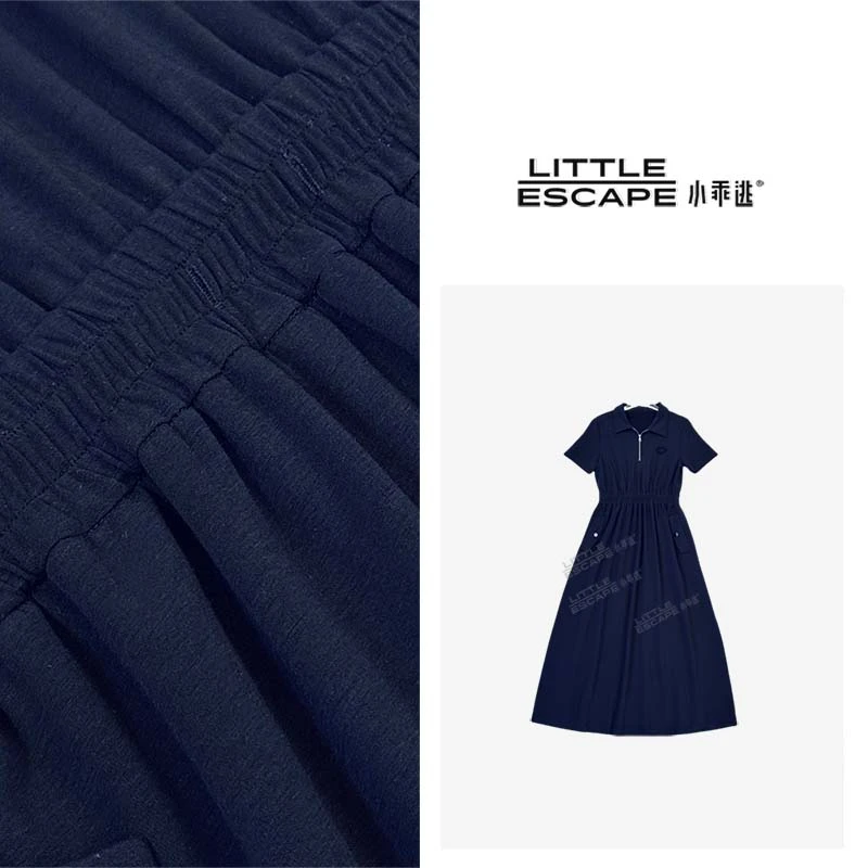 小乖逃D三角时尚藏蓝连衣裙长款轻奢休闲夏季M8732
