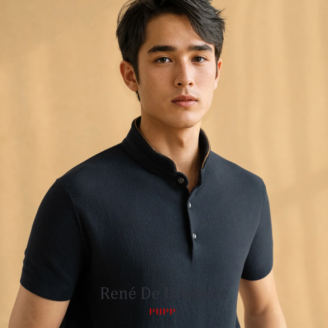 René De Lefebvre夏季男士拼皮短袖针织Polo衫上衣百搭立领男装