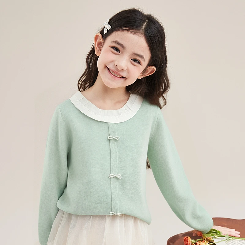 笛莎女童毛衣2025秋季新款中大童女孩甜美木耳边针织衫-932533901