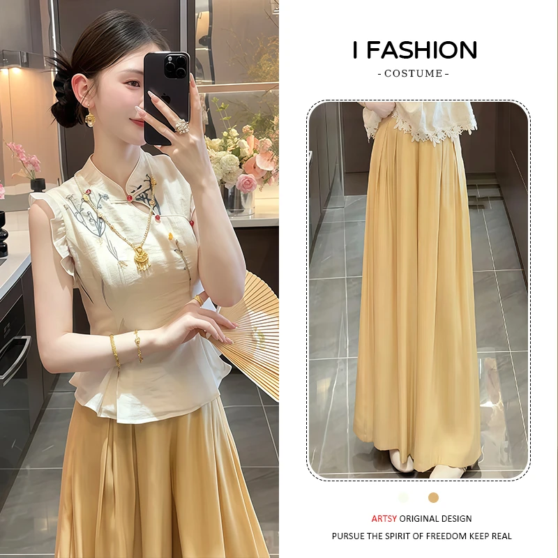 新中式国风套装女2025年夏季新款气质百搭刺绣上衣阔腿长裤两件套