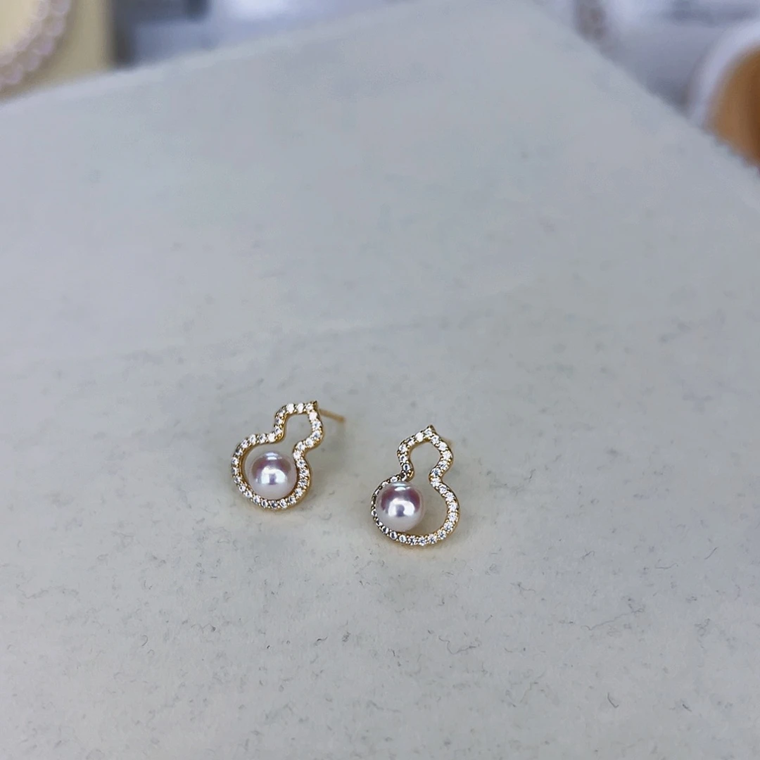 海水珍珠海水akoya设计款耳钉5-6mm银S925镶嵌