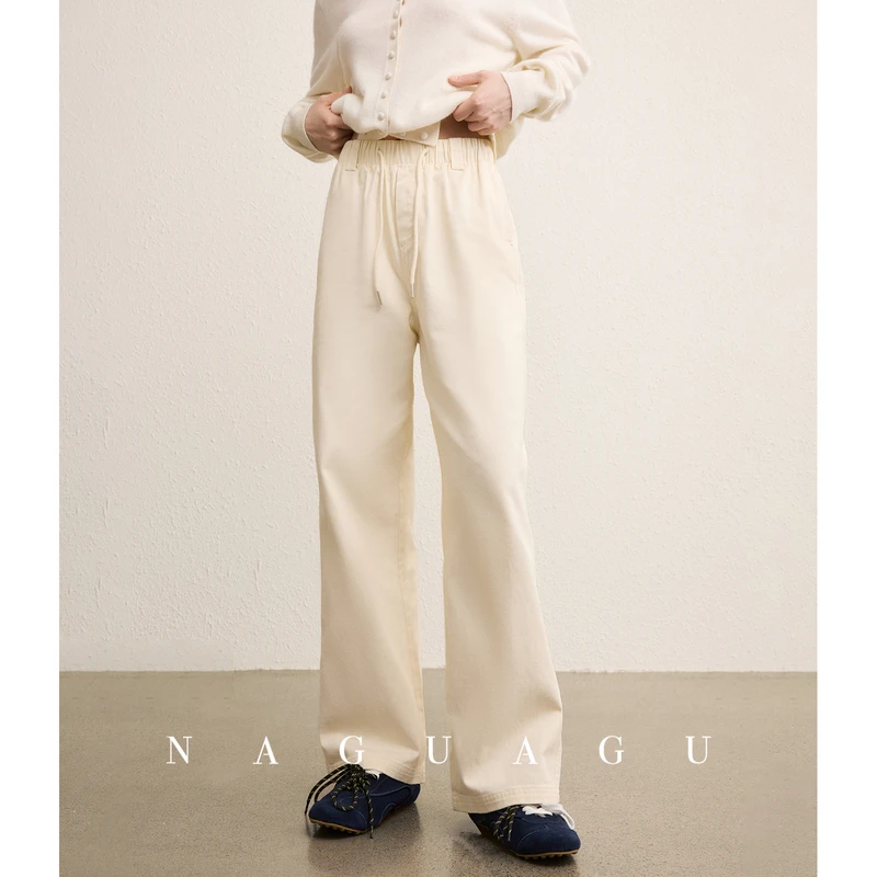 【通勤法则】100.%優质棉 休闲通勤抽绳腰牛仔裤阔腿裤子女