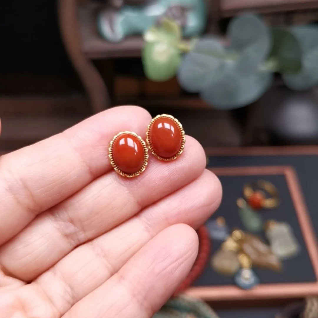 南红玛瑙耳饰银S925镶嵌