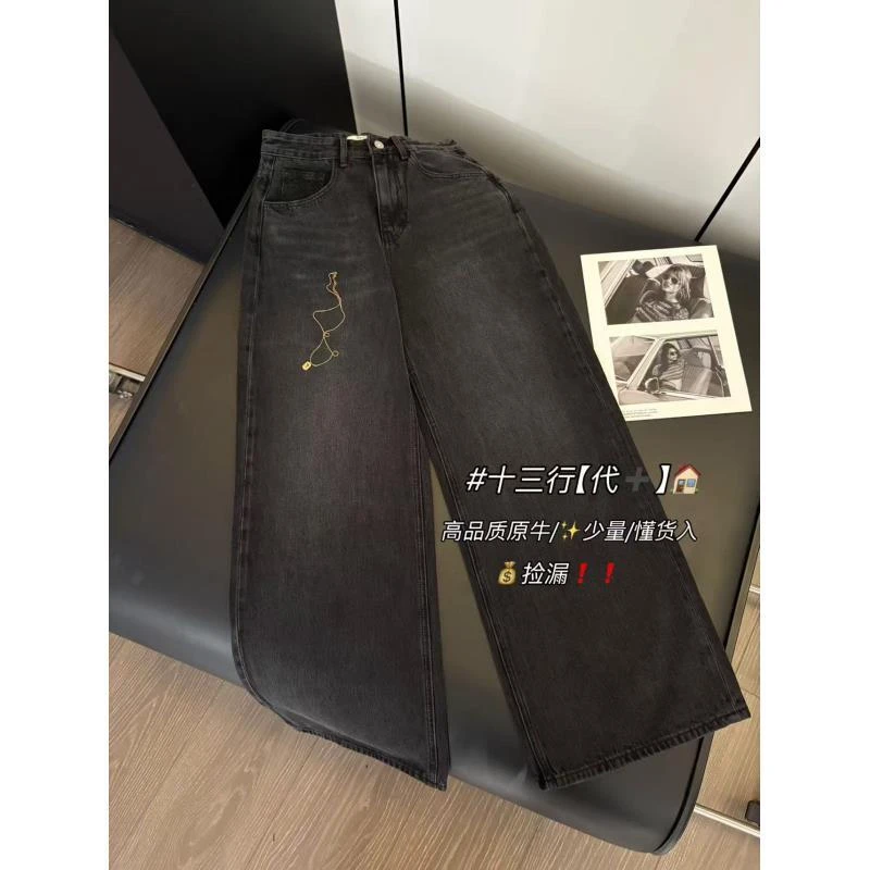 KZ5299 韩版时尚百搭黑灰阔腿直筒牛仔裤女 100-102
