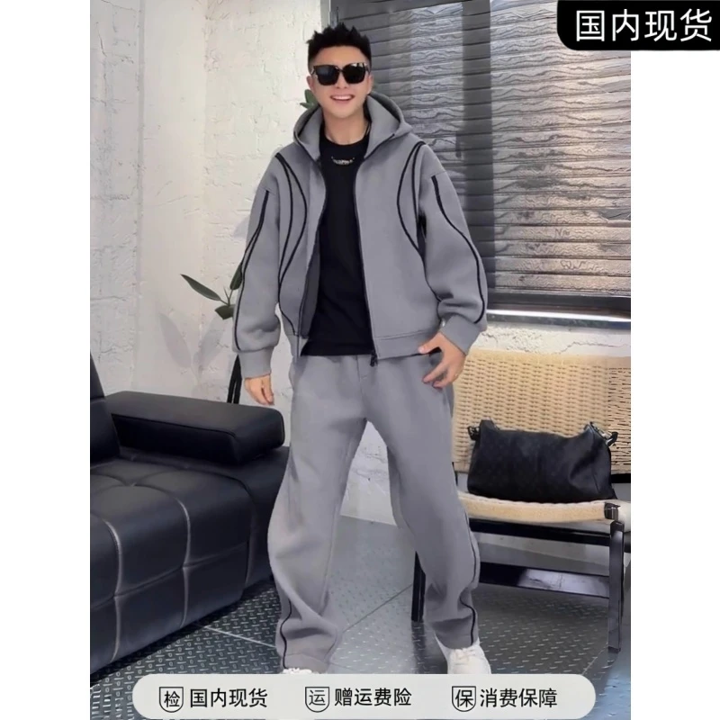 秋冬新款重磅加绒加厚套装男士时尚百搭保暖连帽外套休闲裤两件套
