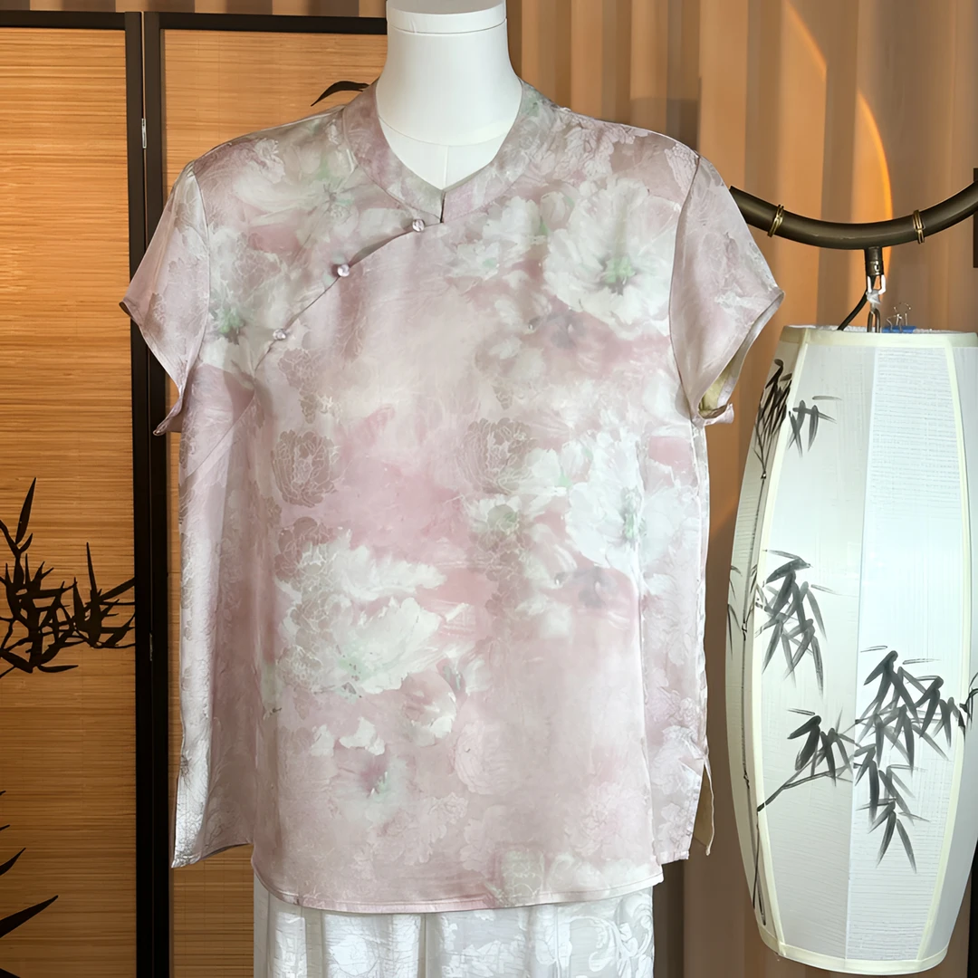 山茶3-日常新中式红云纱时尚显瘦宽松优雅气质中式短袖上衣