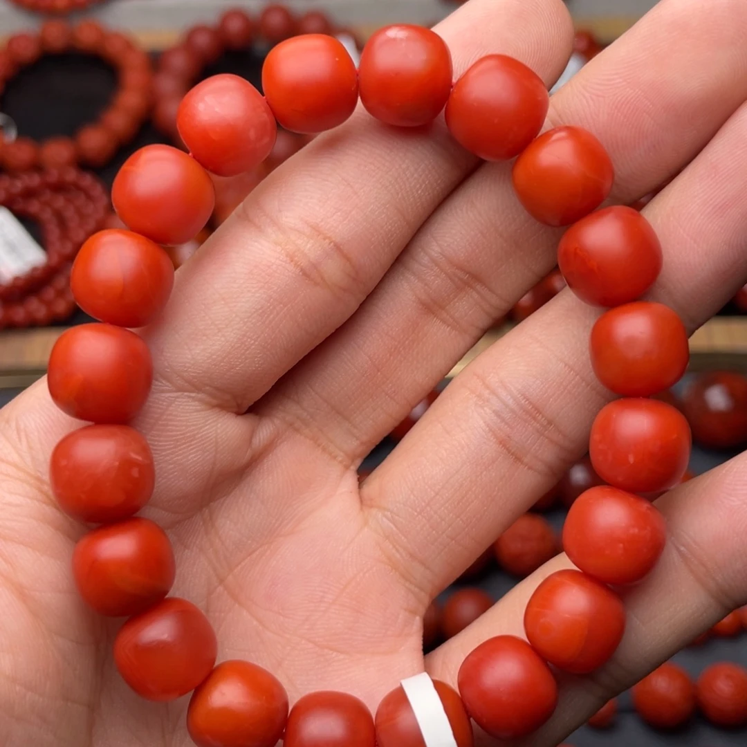 南红玛瑙未镶嵌手串H10.8mm收藏保山满红满肉锦红老型手串