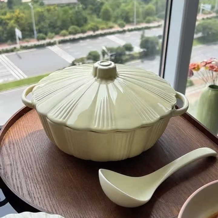 北欧高级感家用双耳汤碗带盖大碗陶瓷汤面碗大号汤盆螺蛳粉碗微瑕