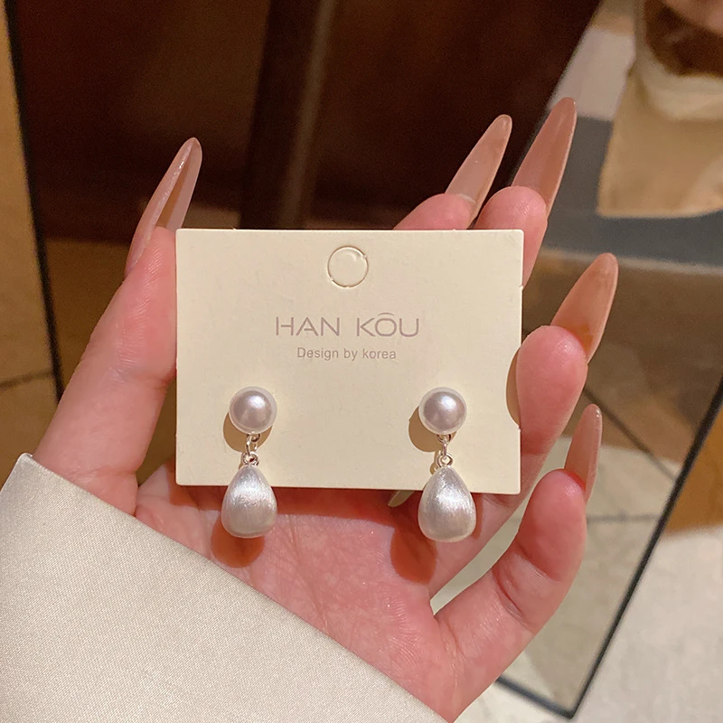 黄铜耳饰 轻奢小众属感哑光磨砂拉丝水滴形耳环时尚百搭气质珍珠