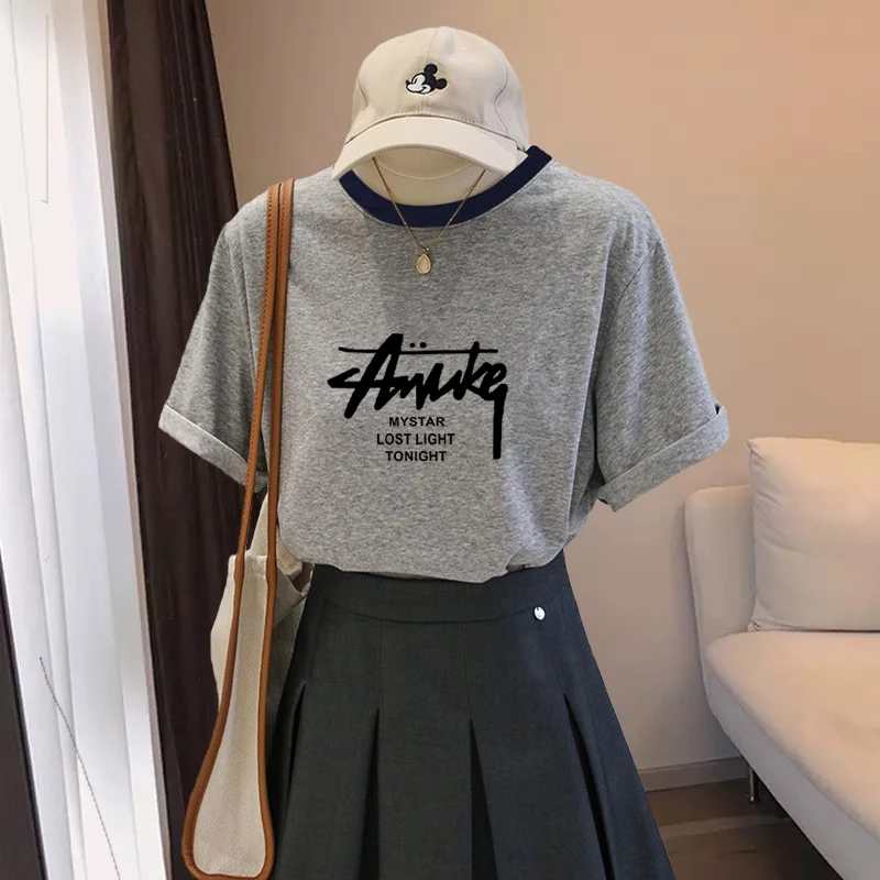 小众不撞款正肩拼色纯棉短袖t恤女2025新款时尚百搭灰色上衣夏季