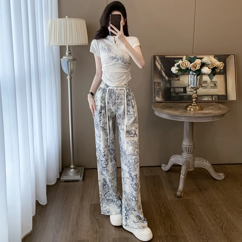 新中式套装女夏季新款纯欲国风短袖上衣水墨画阔直筒腿裤子两件套