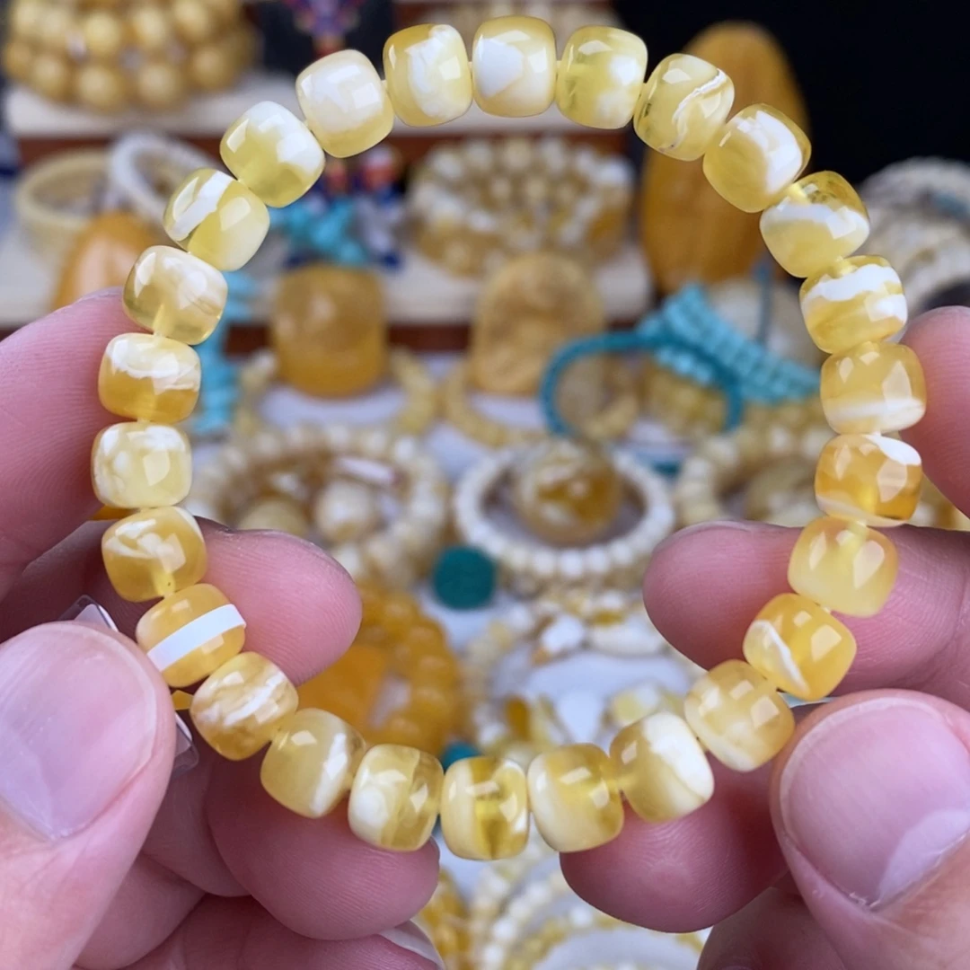 蜜蜡未镶嵌手链金瓷白妖花8.6mm