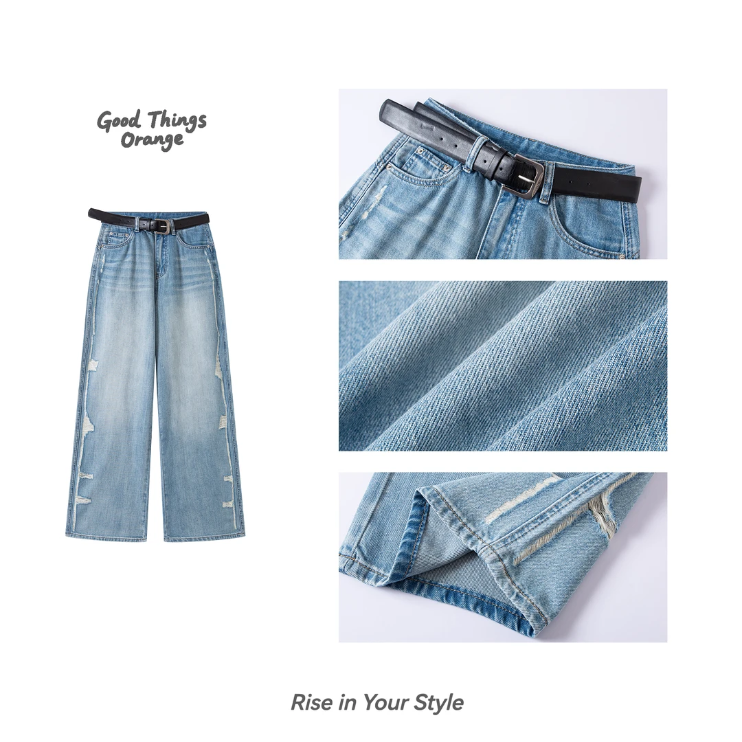 2025夏季新款小众设计感磨破水洗直筒高腰百搭高级显瘦休闲牛仔裤