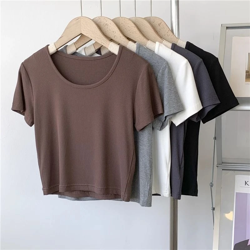 莫代尔夏季高腰短款通勤百搭短袖t恤女修身显瘦打底新款上衣女ins