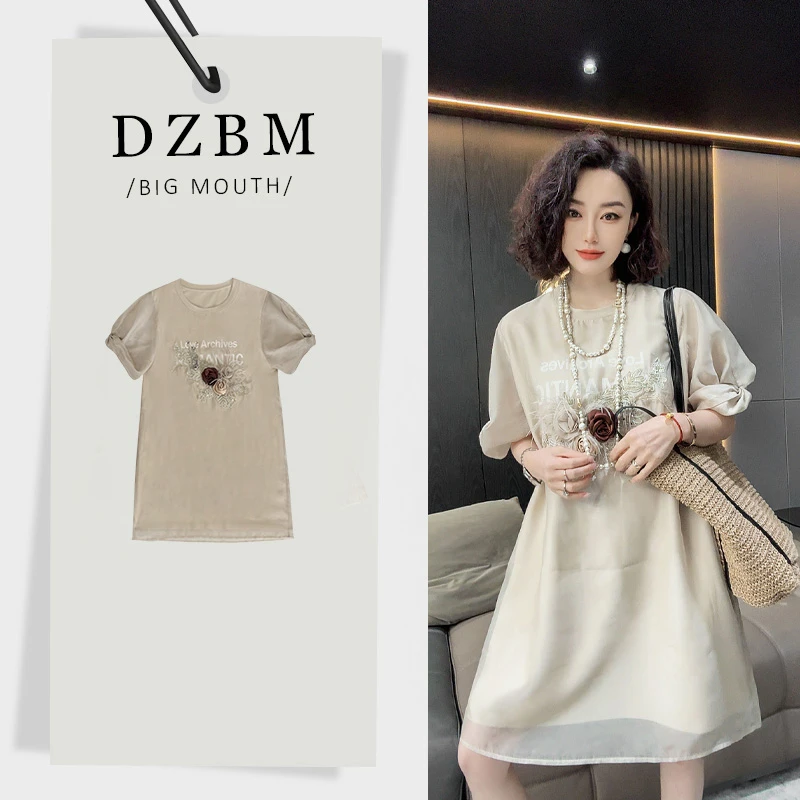 【DZBM】夏季新款重工蕾丝刺绣立体花朵设计宽松连衣裙-裙子Q3962