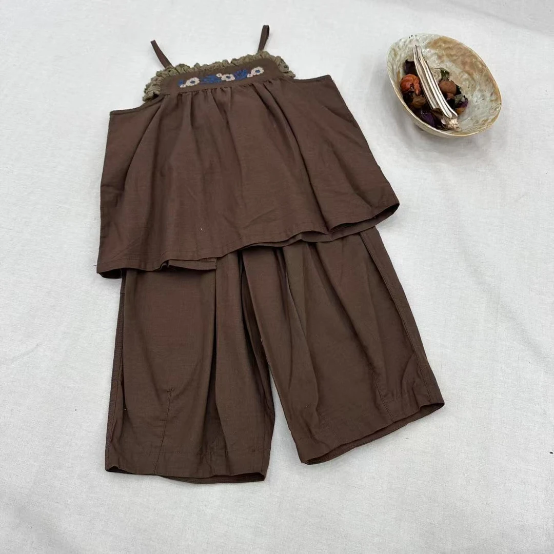 【姐姐家】24夏款儿童吊带绣花背心+休闲麻感裤休闲套装 hz92008