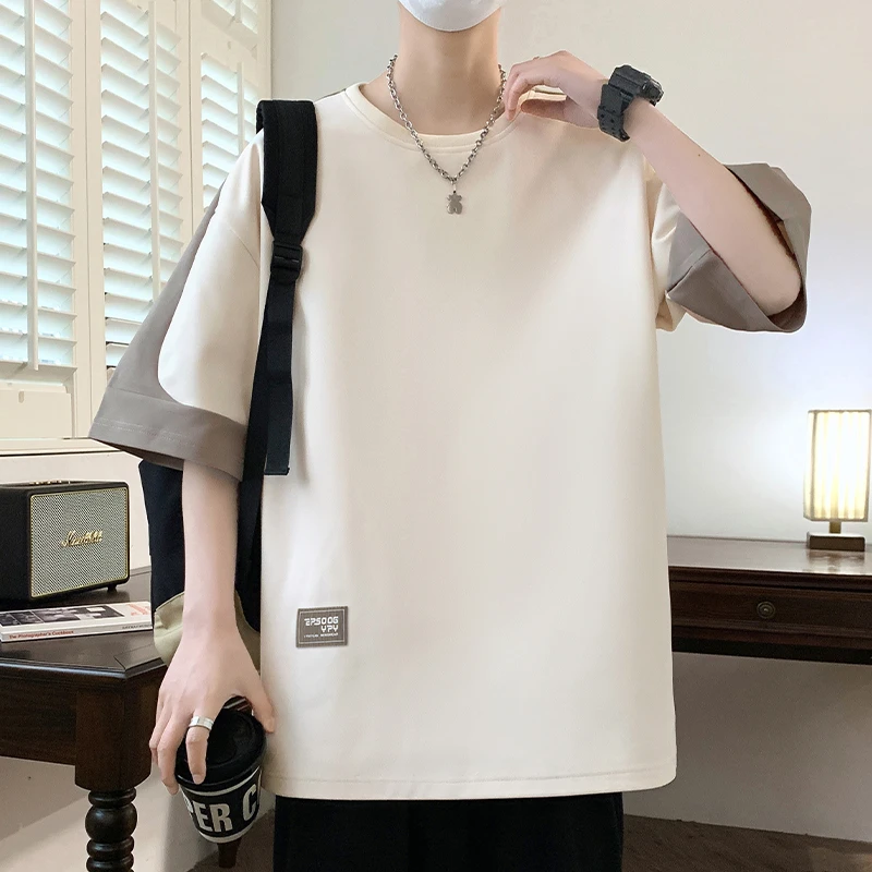 撞色高级感短袖t恤男士夏季重磅潮流感半袖体恤青少年休闲上衣