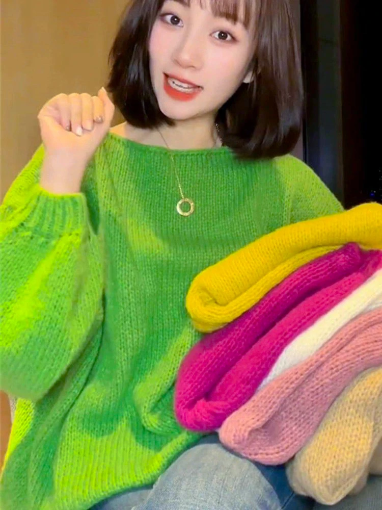 韩系宽松糖果色毛衣软糯感针织衫女秋季慵懒chic气质减龄显白上衣