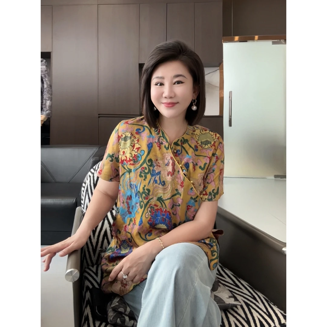 微胖女装【旗开得胜】轻奢复古新中式立领上衣短袖T恤国风上衣20711