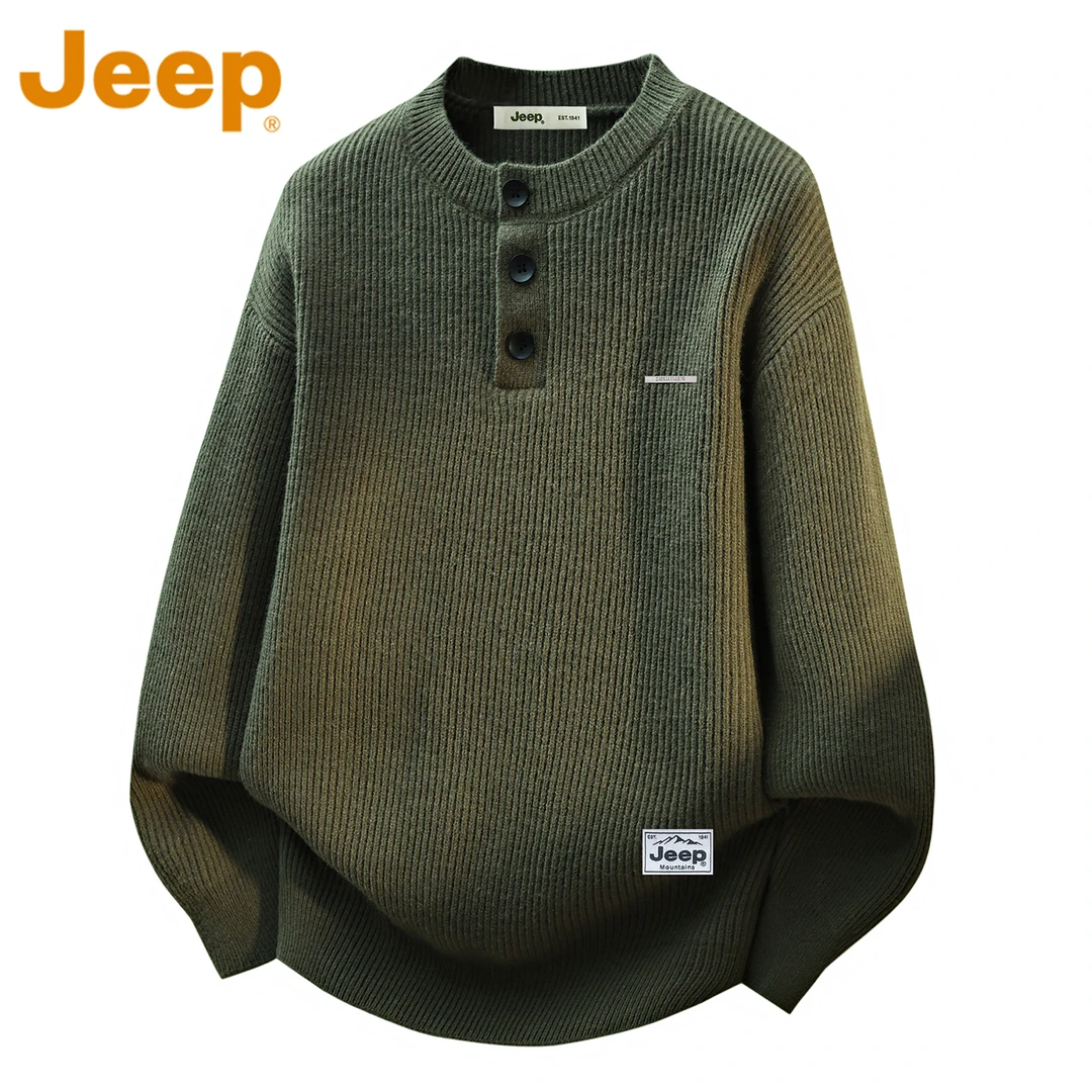 JEEP吉普军绿色亨利领针织毛衣男款冬季2025新款宽松休闲慵懒上衣