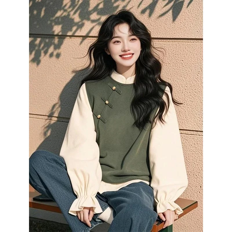 新中式国风盘扣长袖衬衫女2025年春季新款假两件撞色拼接时尚上衣