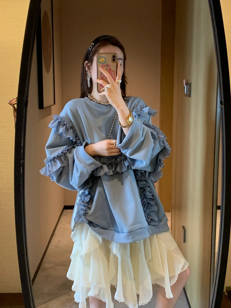 春季常规套头卫衣蓝色百搭纯色休闲荷叶边韩版拼接上衣