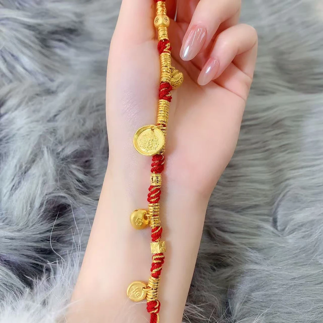 【伟新源】足金999  古法工艺 黄财神盘缠红绳手串28.53克