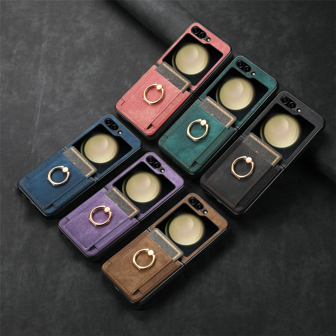 适用三星Galaxy zflip7复古纯色PU插卡指环壳Flip7/6/5贴皮手机套