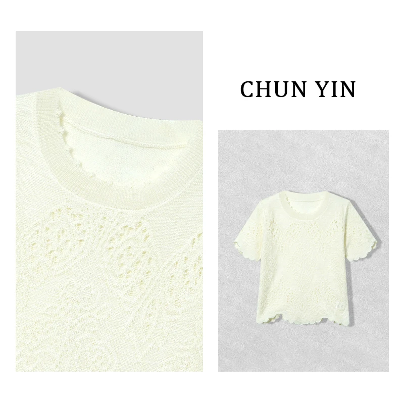 大雨【钩花镂空】高级感洋气百搭圆领上衣34122