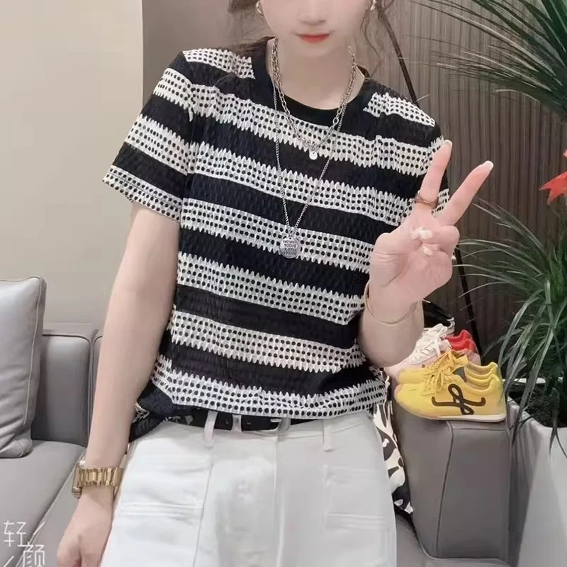圆领条纹短袖T恤女2025夏季款韩版时尚别致小衫宽松百搭显瘦上衣