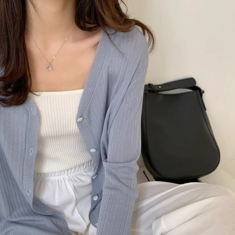 清仓蓝色v领冰丝薄款针织开衫女宽松防晒衫外套吊带外搭空调衫夏