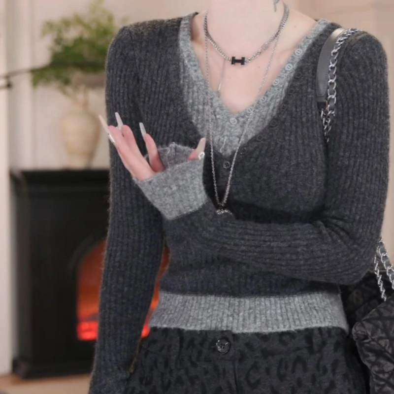 假两件厚针织衫拼接显瘦修身上衣简约百搭LK2508023